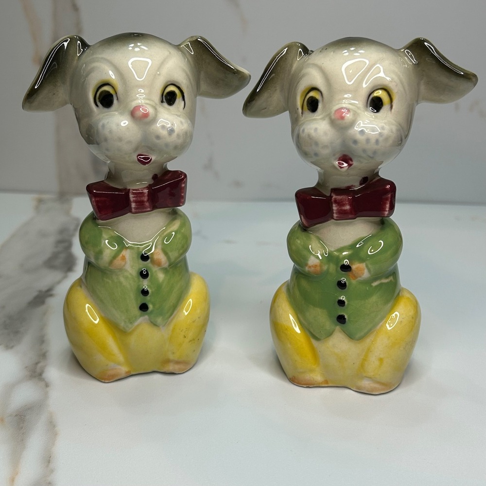 Vintage Anthropomorphic Dog Salt and Pepper Shakers Green Jacket Bow Tie Set